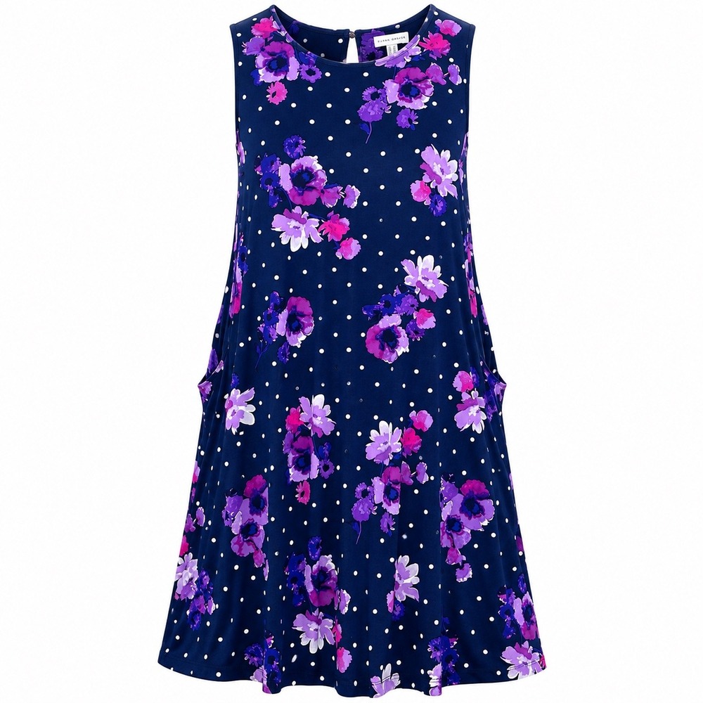 Susan Graver 1X Navy Floral Polka Dot A-Line Dress Cottagecore Pockets Teacher